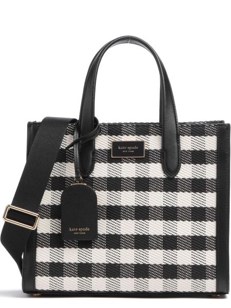 Клетчатая хлопковая кожаная сумка шоппер Kate Spade New York черная