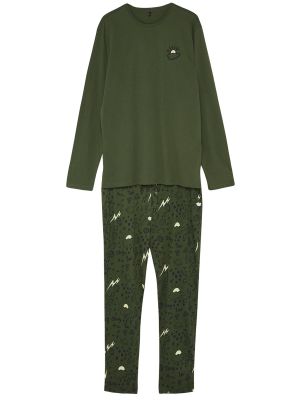 Pletené priliehavé pyžamo s výšivkou Trendyol khaki