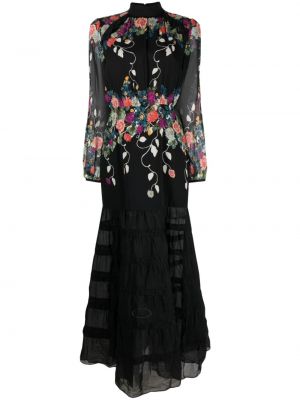 Czarna sukienka długa w kwiatki z nadrukiem Saloni