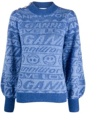 Жакардов пуловер с кръгло деколте Ganni синьо