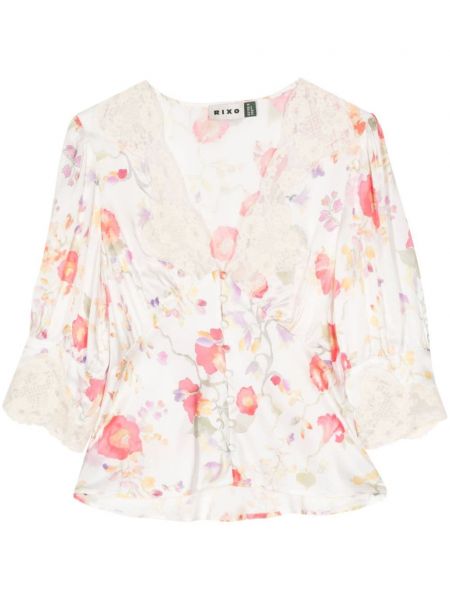 Bluză din satin cu model floral cu imagine Rixo alb