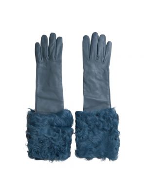 Rękawiczki z futerkiem skórzane Dolce And Gabbana niebieskie
