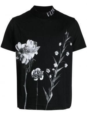 Pamučna majica s cvjetnim printom s printom Valentino Garavani crna