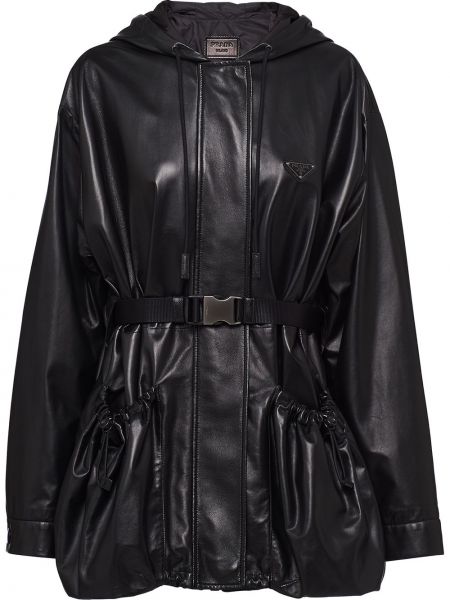 Usnjena jakna s kapuco Prada črna