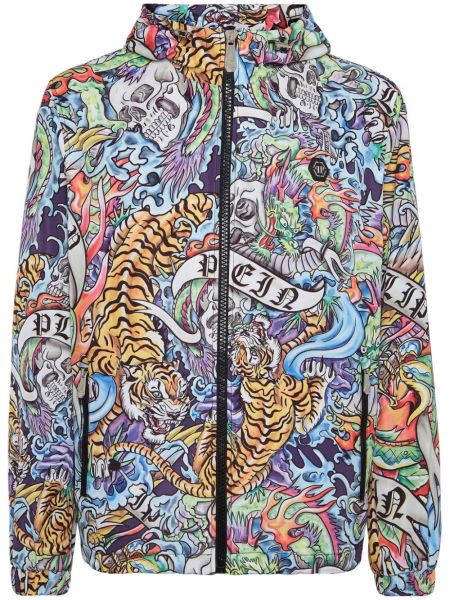 Lange jacke mit kapuze mit print Philipp Plein blau