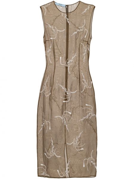 Прозрачна копринена миди рокля бродирана Prada каки