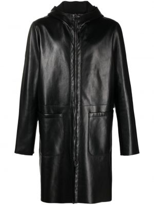 Kožený kabát na zips s kapucňou Salvatore Santoro čierna