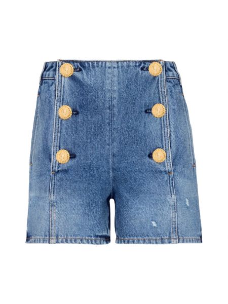 Shorts en jean taille haute à boutons Balmain bleu