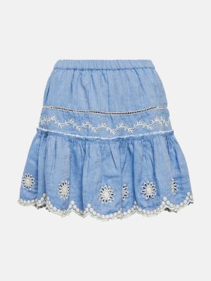 Bavlněné lněné mini sukně s výšivkou Loveshackfancy - modrá