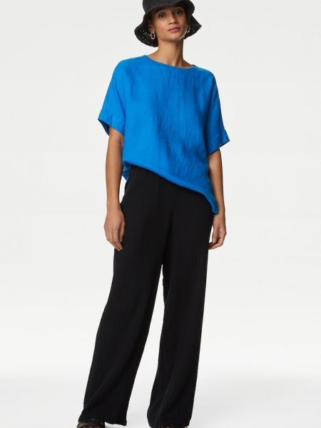 Льняная блузка с вырезом на спине свободного кроя Marks & Spencer синяя