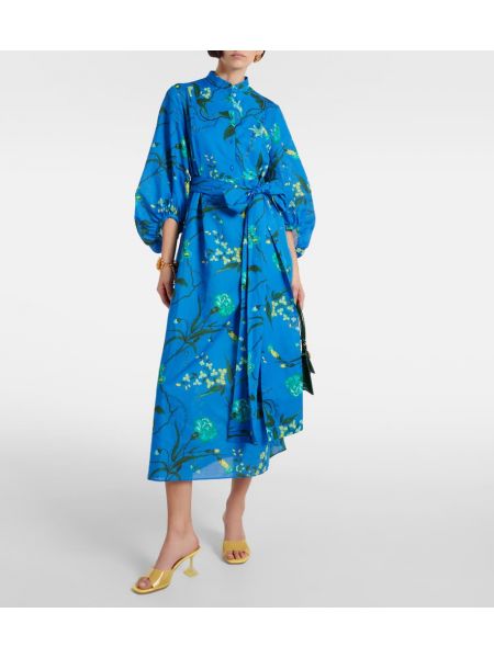 Bombažna midi obleka s cvetličnim vzorcem Erdem modra