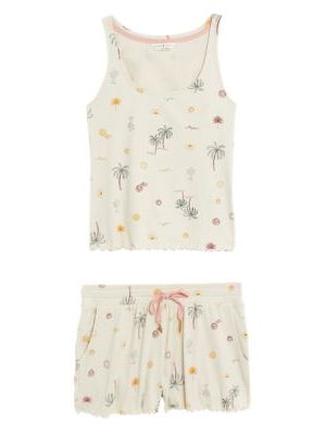 Womens M&S Collection Cotton Rich Palm Tree Print Shortie Set - Ivory, Ivory M&s Collection