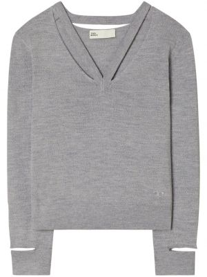 Vlnený sveter z merina s výstrihom do v Tory Burch sivá