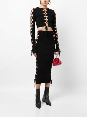 Nėriniuotas megztas sijonas su raišteliais Monse juoda