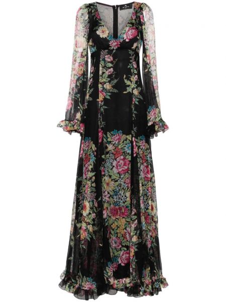Květinové dlouhé šaty s potiskem Etro černé