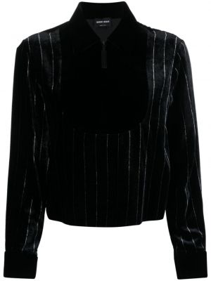 Pruhovaná zamatová košeľa na zips Giorgio Armani čierna