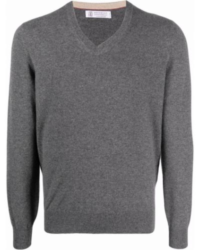 Кашмирен дълъг пуловер с v-образно деколте Brunello Cucinelli сиво