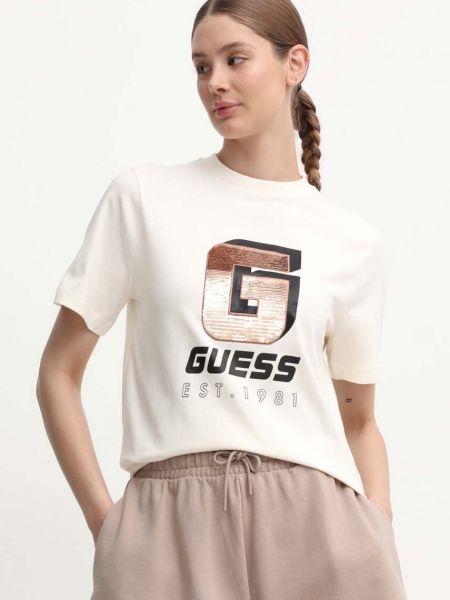 Koszulka bawełniana Guess beżowa