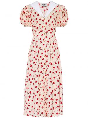 Svilena midi haljina s cvjetnim printom s printom Miu Miu