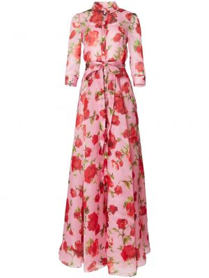 Копринена коктейлна рокля с принт Carolina Herrera розово