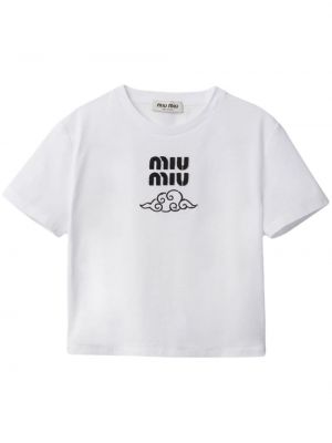 Памучна тениска бродирана Miu Miu бяло