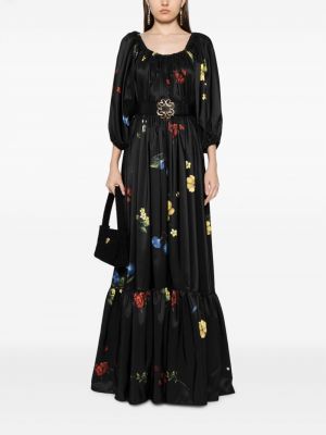 Satynowa sukienka długa w kwiatki z nadrukiem Elie Saab czarna
