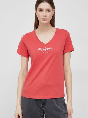 Koszulka bawełniana z dekoltem w serek Pepe Jeans czerwona