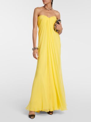 Копринена макси рокля от шифон с драперии Alexander Mcqueen жълто