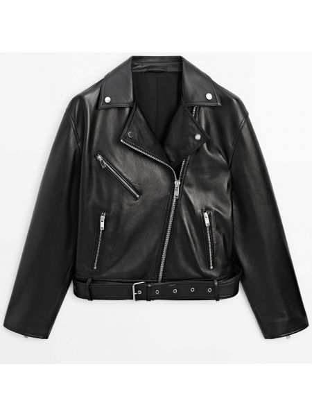 Кожаная куртка на молнии Massimo Dutti черная