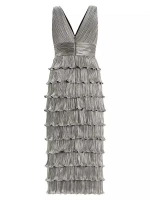 Плиссированное платье миди с рюшами Zac Posen серебряное