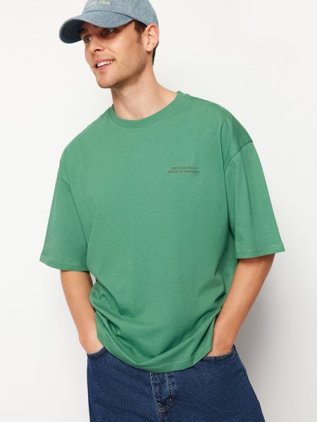 Pamučna polo majica s printom oversized Trendyol zelena