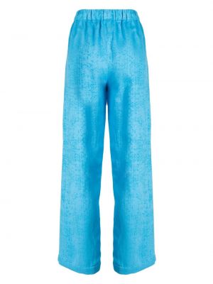 Lněné rovné kalhoty s potiskem s abstraktním vzorem Bambah modré