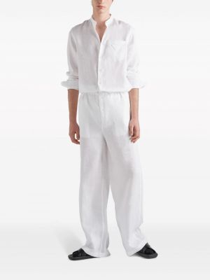 Lněné kalhoty relaxed fit Prada bílé