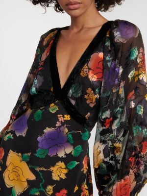Robe mi-longue en soie à fleurs Rixo noir