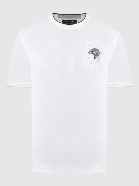 Белая шелковая льняная футболка с вышивкой Stefano Ricci