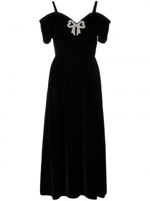 Hedvábné večerní šaty s mašlí s krátkými rukávy Saloni - černá