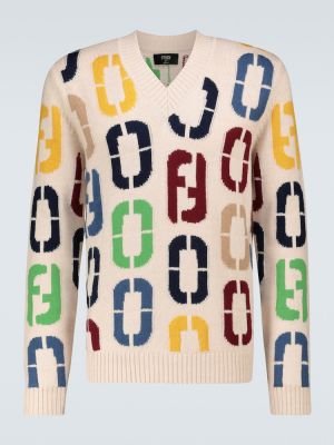 Dzianinowy sweter wełniany Fendi beżowy