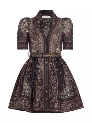 Шелковое льняное платье-рубашка с узором пейсли Zimmermann черное