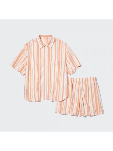 Льняная пижама в полоску с коротким рукавом Uniqlo оранжевая