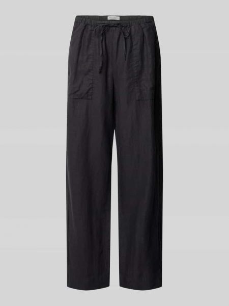 Lniane proste spodnie w jednolitym kolorze Marc O'polo czarne