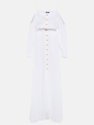 Pérové bavlnené dlouhé šaty na gombíky Balmain biela