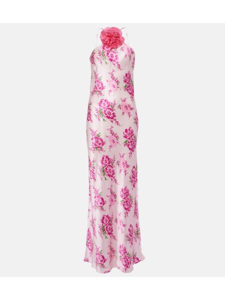 Svilena dolga obleka s cvetličnim vzorcem Rodarte roza