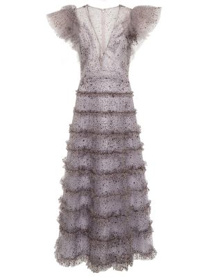 Sukienka midi z falbankami z kryształkami Costarellos fioletowa