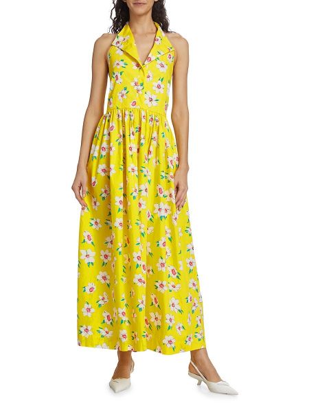 Sukienka z dekoltem typu halter z otwartymi plecami bawełniana w kwiatki Swf żółta