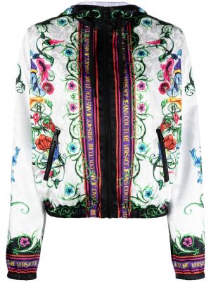 Satenska denim jakna s cvetličnim vzorcem s potiskom Versace Jeans Couture bela