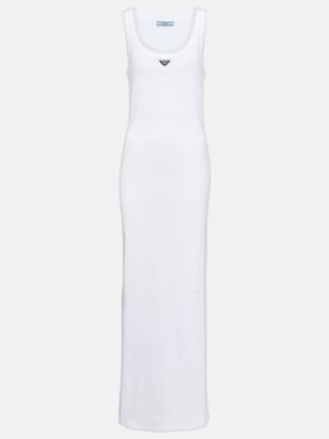 Βαμβακερή μάξι φόρεμα από ζέρσεϋ Prada λευκό