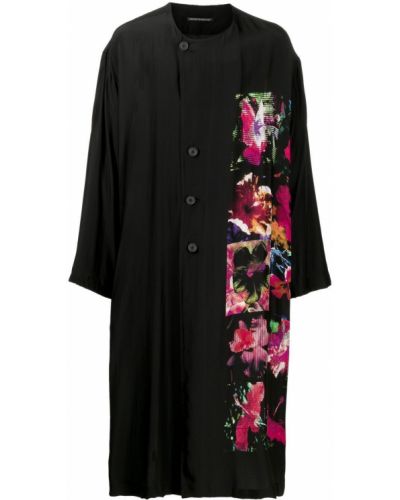 Kvetinový hodvábny kabát s potlačou Yohji Yamamoto čierna
