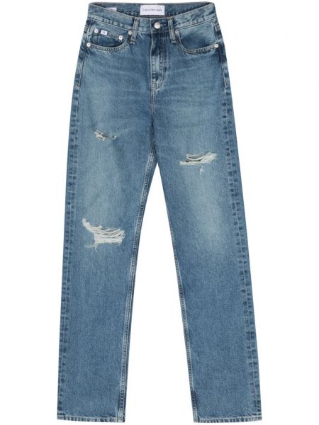 Pamučne traperice ravnih nogavica visoki struk Calvin Klein Jeans plava