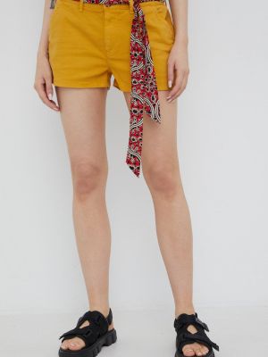 Superdry pantaloni scurti femei, culoarea galben, neted, medium waist