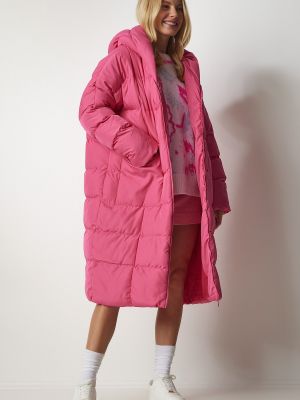 Péřový oversized kabát s kapucí Happiness İstanbul růžový